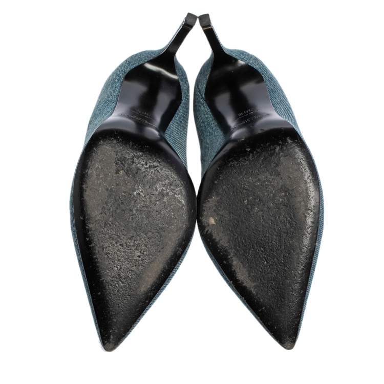 Pre Owned Saint Laurent Blue Denim Escarpin V Pointed Toe Pumps Size 36.5