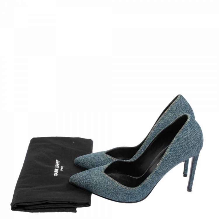Pre Owned Saint Laurent Blue Denim Escarpin V Pointed Toe Pumps Size 36.5