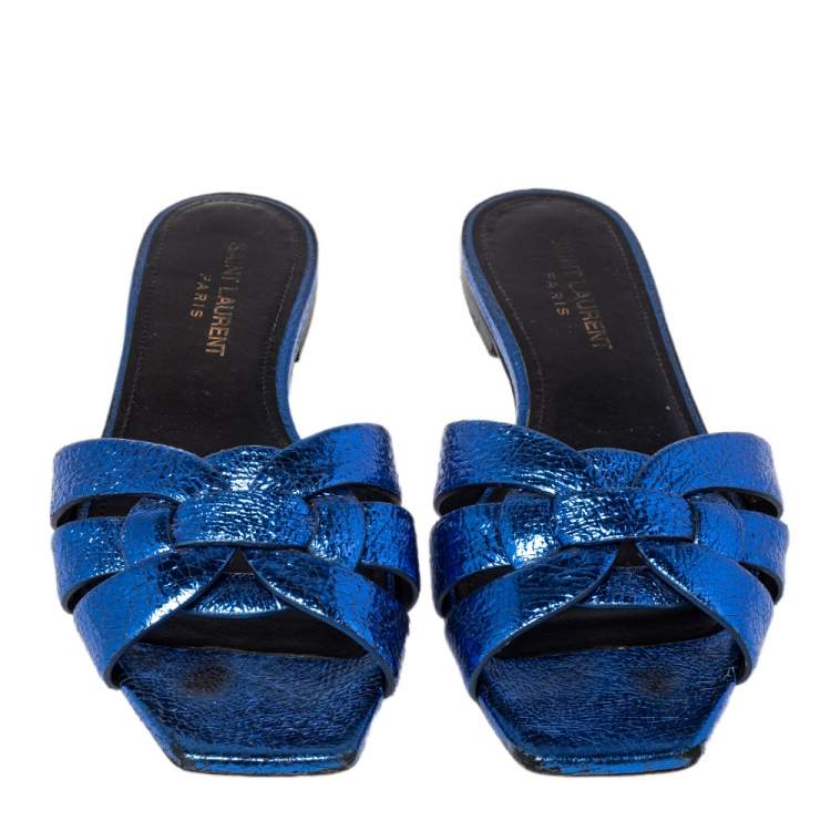 Pre Owned Saint Laurent Meatllic Blue Crinkled Leather Tribute Flat Slides Size 37.5 