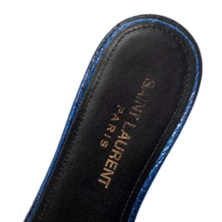 Pre Owned Saint Laurent Meatllic Blue Crinkled Leather Tribute Flat Slides Size 37.5 