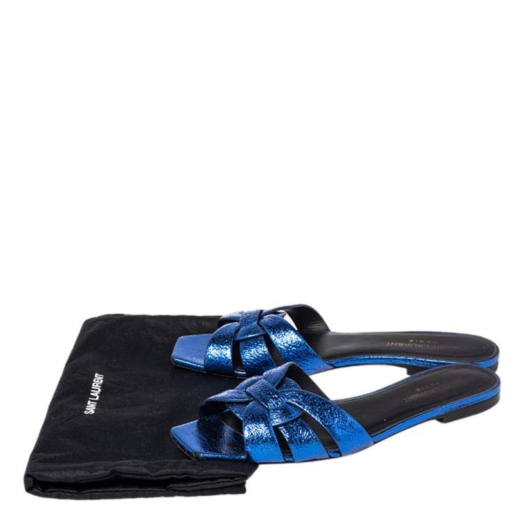Pre Owned Saint Laurent Meatllic Blue Crinkled Leather Tribute Flat Slides Size 37.5 