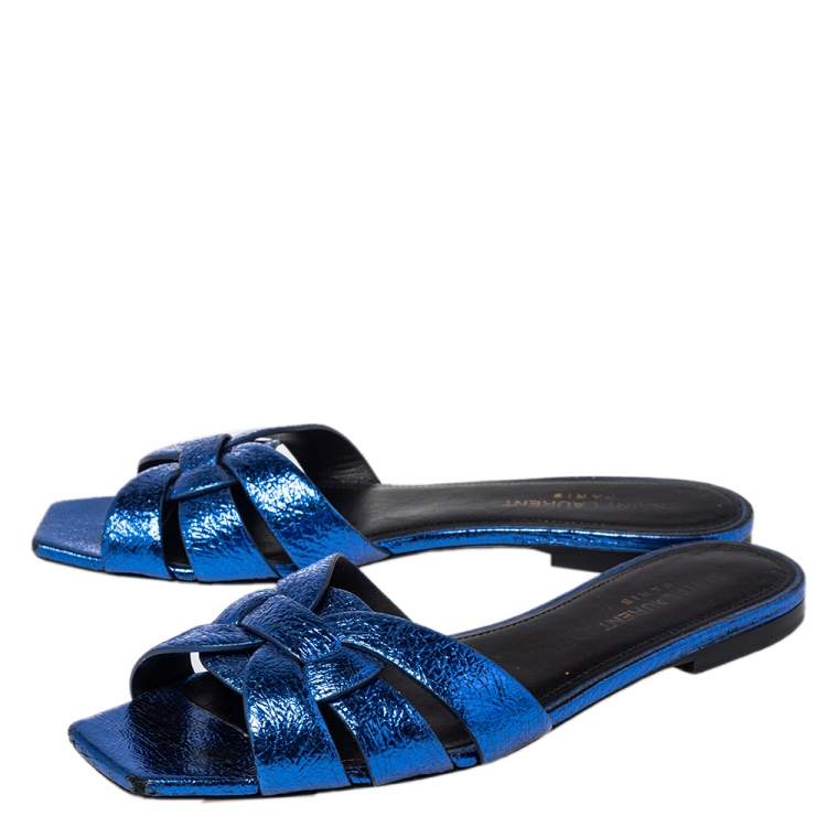 Pre Owned Saint Laurent Meatllic Blue Crinkled Leather Tribute Flat Slides Size 37.5 