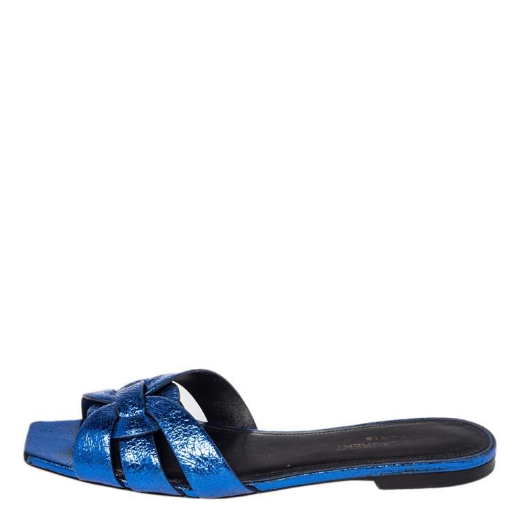 Pre Owned Saint Laurent Meatllic Blue Crinkled Leather Tribute Flat Slides Size 37.5 