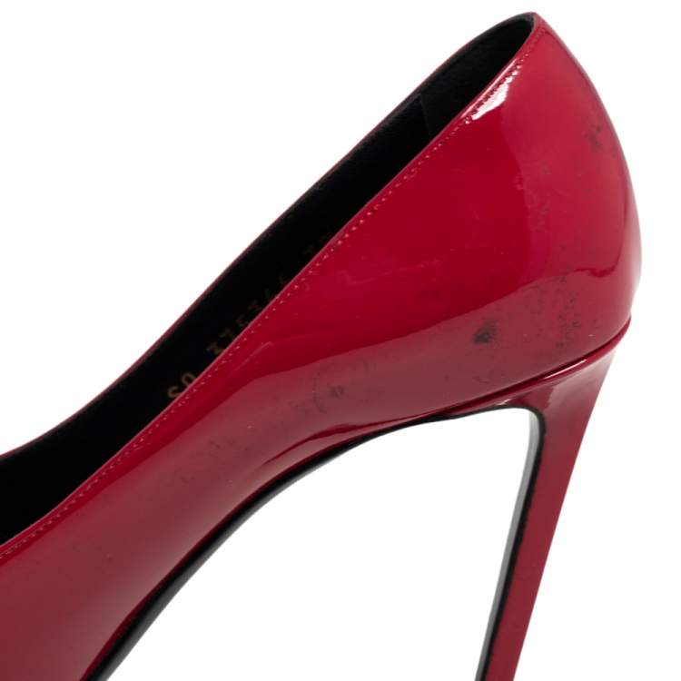 Pre Owned Saint Laurent Red Patent Leather Skinny Pointed Toe Pumps Size 38