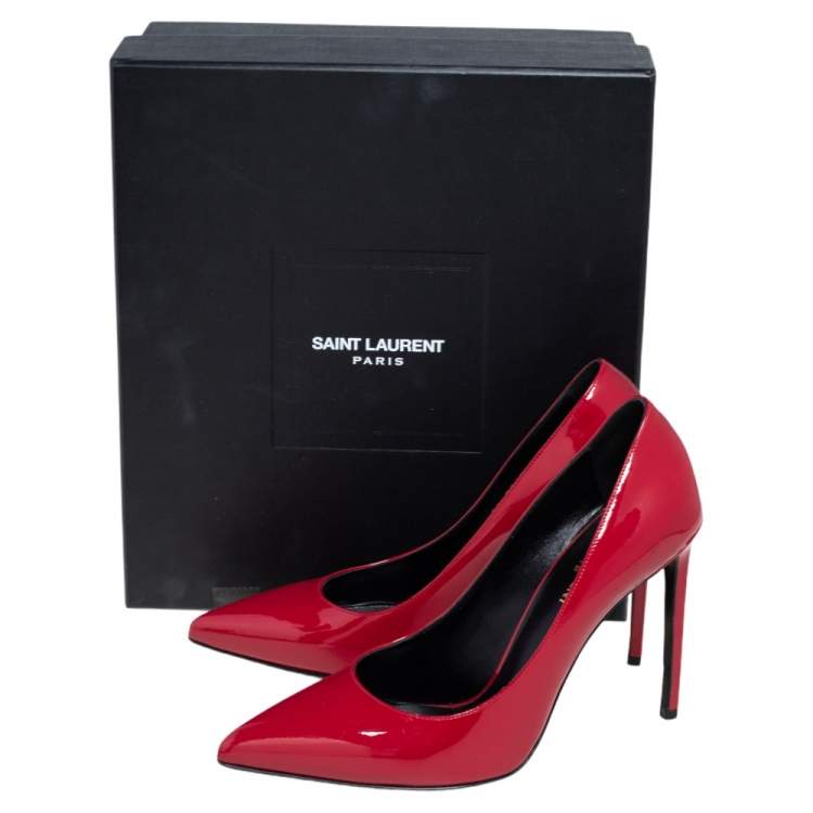 Pre Owned Saint Laurent Red Patent Leather Skinny Pointed Toe Pumps Size 38