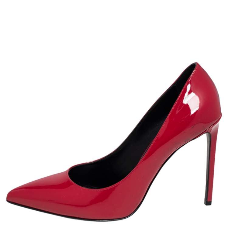 Pre Owned Saint Laurent Red Patent Leather Skinny Pointed Toe Pumps Size 38