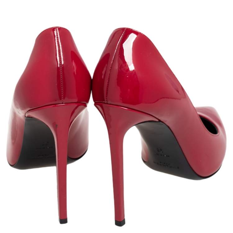 Pre Owned Saint Laurent Red Patent Leather Skinny Pointed Toe Pumps Size 38