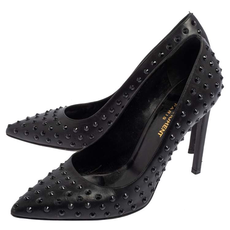 Pre Owned Saint Laurent Black Leather Spiked Pointed Toe Pumps Size 38
