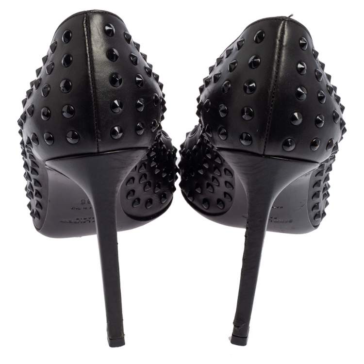 Pre Owned Saint Laurent Black Leather Spiked Pointed Toe Pumps Size 38