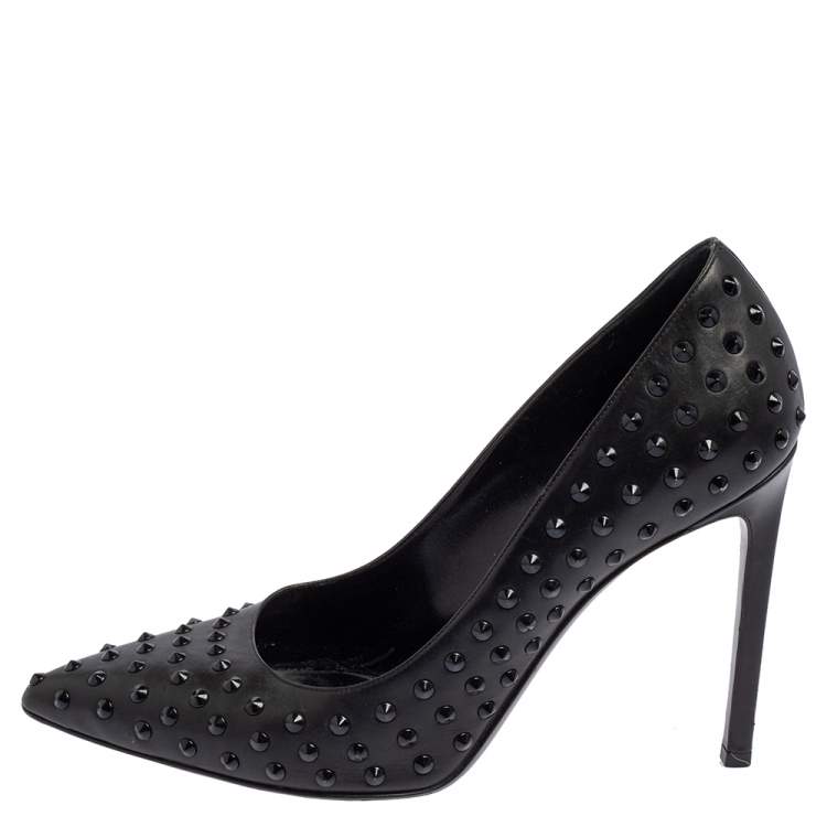 Pre Owned Saint Laurent Black Leather Spiked Pointed Toe Pumps Size 38