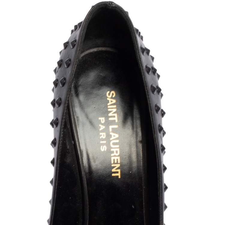 Pre Owned Saint Laurent Black Leather Spiked Pointed Toe Pumps Size 38