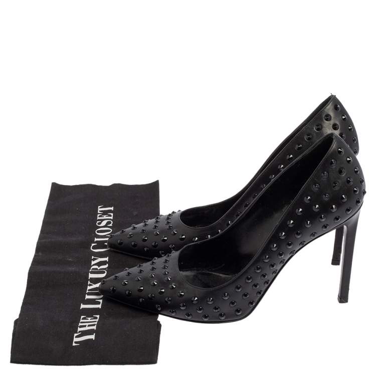 Pre Owned Saint Laurent Black Leather Spiked Pointed Toe Pumps Size 38