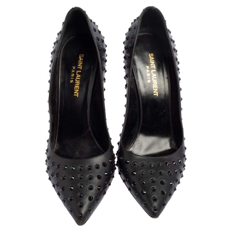 Pre Owned Saint Laurent Black Leather Spiked Pointed Toe Pumps Size 38