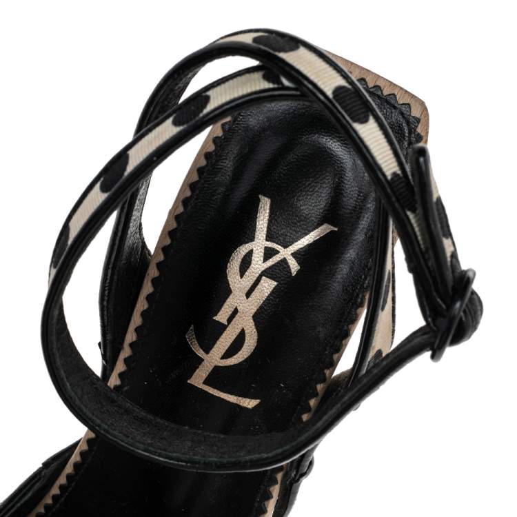 Pre Owned Saint Laurent Cream/Black Polka Dot Fabric And Patent Leather Slingback Sandals Size 38