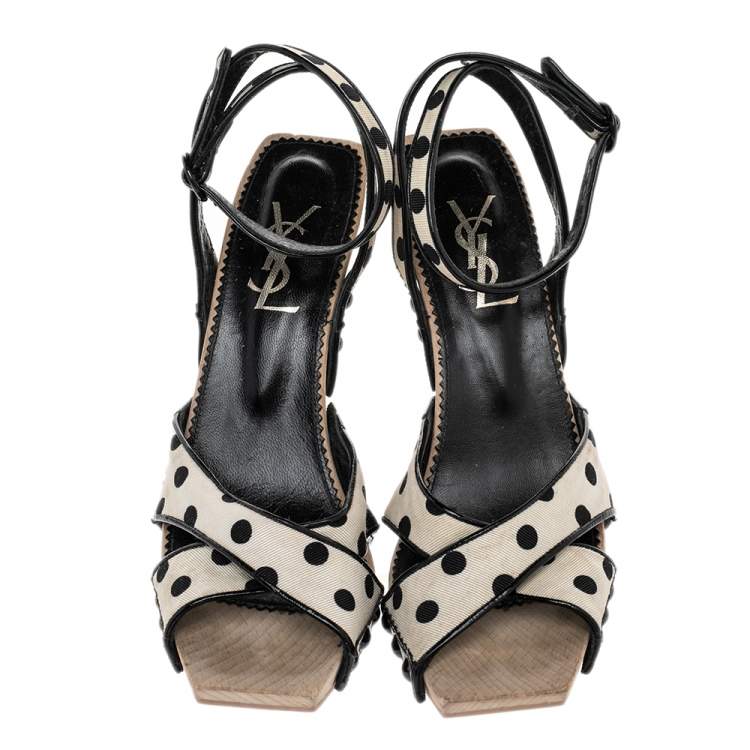 Pre Owned Saint Laurent Cream/Black Polka Dot Fabric And Patent Leather Slingback Sandals Size 38