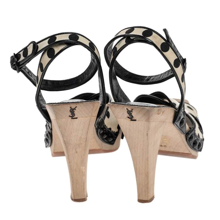 Pre Owned Saint Laurent Cream/Black Polka Dot Fabric And Patent Leather Slingback Sandals Size 38