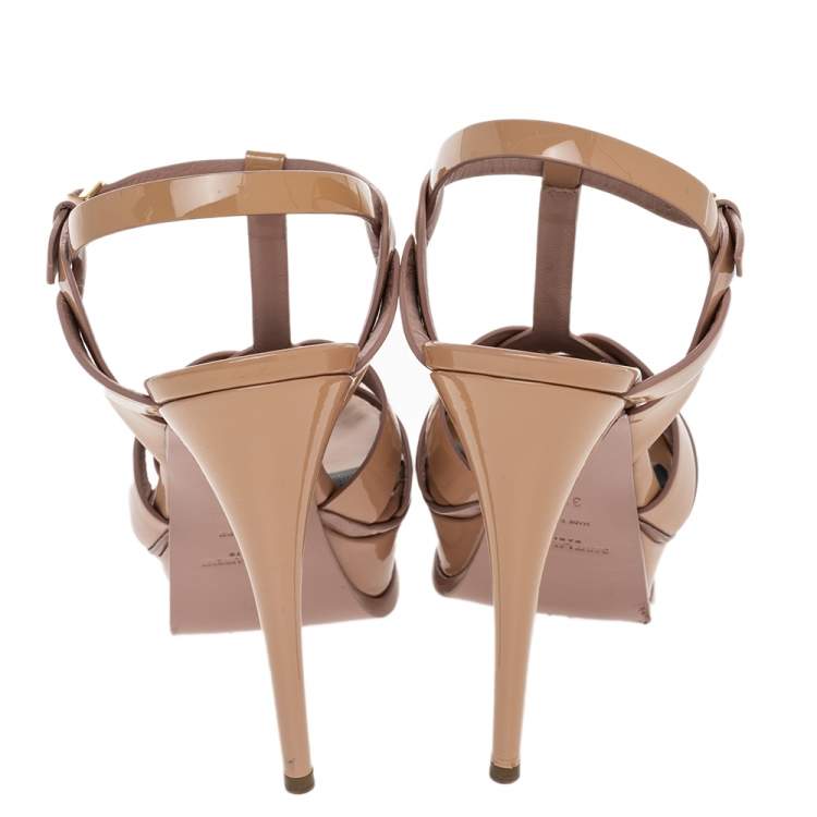 Pre Owned Saint Laurent Beige Patent Leather Tribute Platform Ankle Strap Sandals Size 38.5