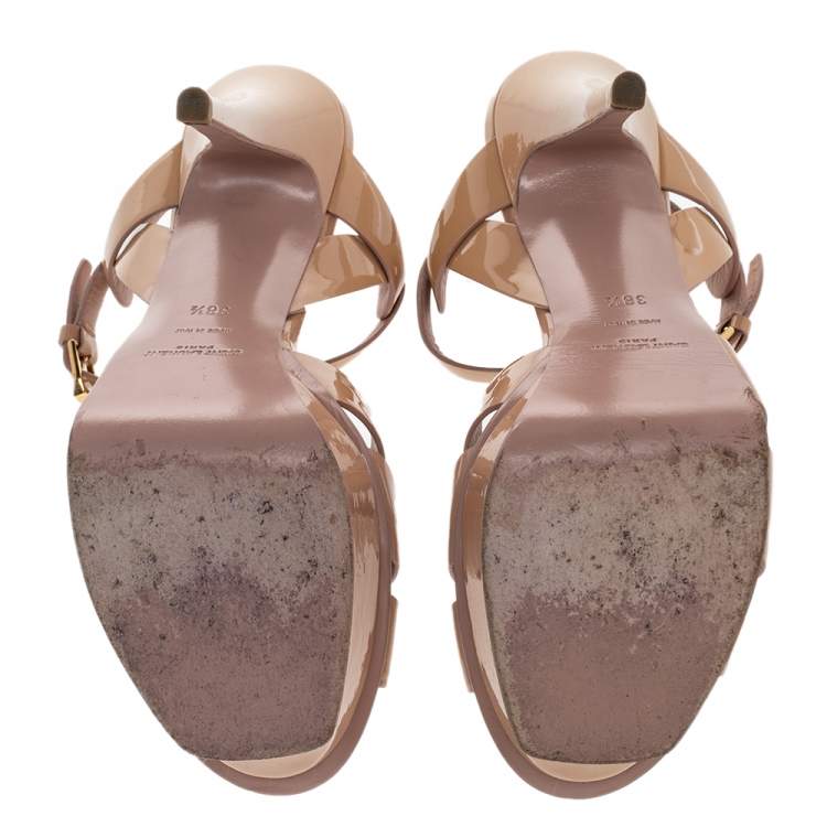 Pre Owned Saint Laurent Beige Patent Leather Tribute Platform Ankle Strap Sandals Size 38.5