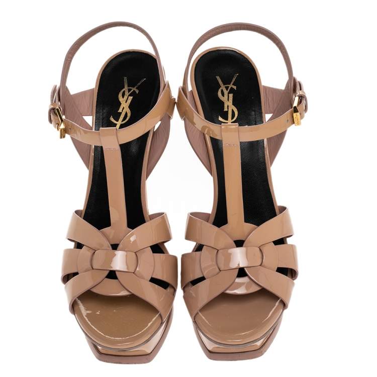 Pre Owned Saint Laurent Beige Patent Leather Tribute Platform Ankle Strap Sandals Size 38.5