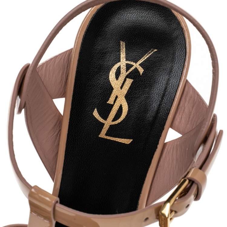 Pre Owned Saint Laurent Beige Patent Leather Tribute Platform Ankle Strap Sandals Size 38.5