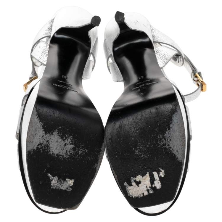 Pre Owned Saint Laurent Metallic Silver Leather Tribute Sandals Size 41
