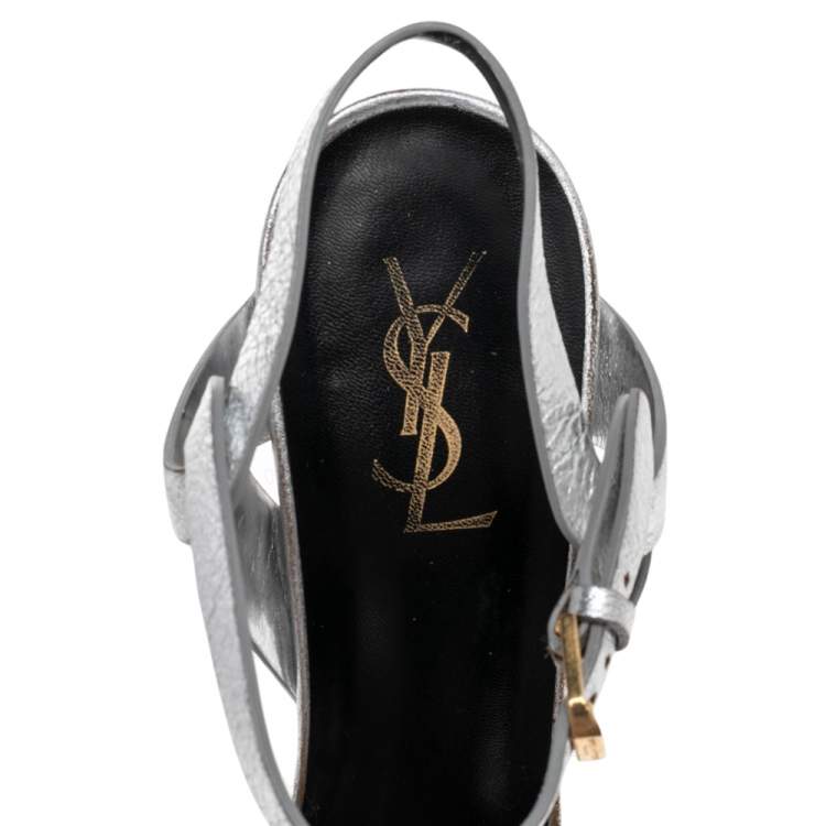 Pre Owned Saint Laurent Metallic Silver Leather Tribute Sandals Size 41