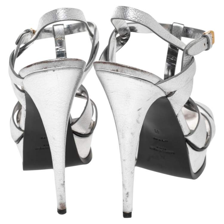 Pre Owned Saint Laurent Metallic Silver Leather Tribute Sandals Size 41
