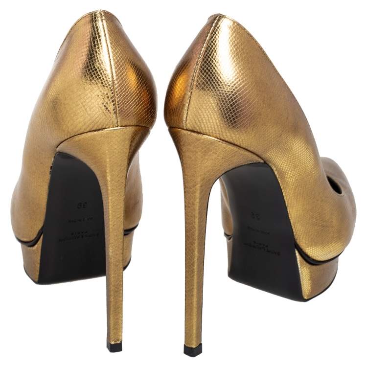 Pre Owned Saint Laurent Gold Leather Janis Platform Pointed Toe Pumps Size 39