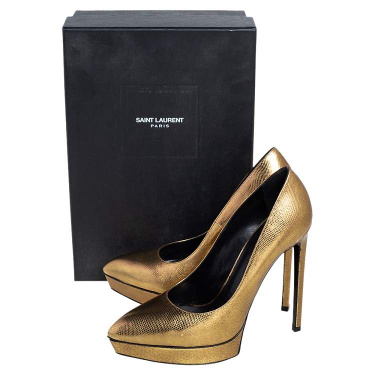 Pre Owned Saint Laurent Gold Leather Janis Platform Pointed Toe Pumps Size 39