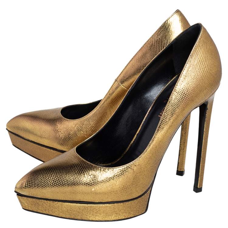 Pre Owned Saint Laurent Gold Leather Janis Platform Pointed Toe Pumps Size 39