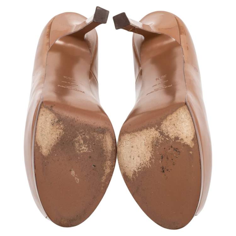 Pre Owned Saint Laurent Caramel Patent Leather Tribtoo Platform Pumps Size 38.5