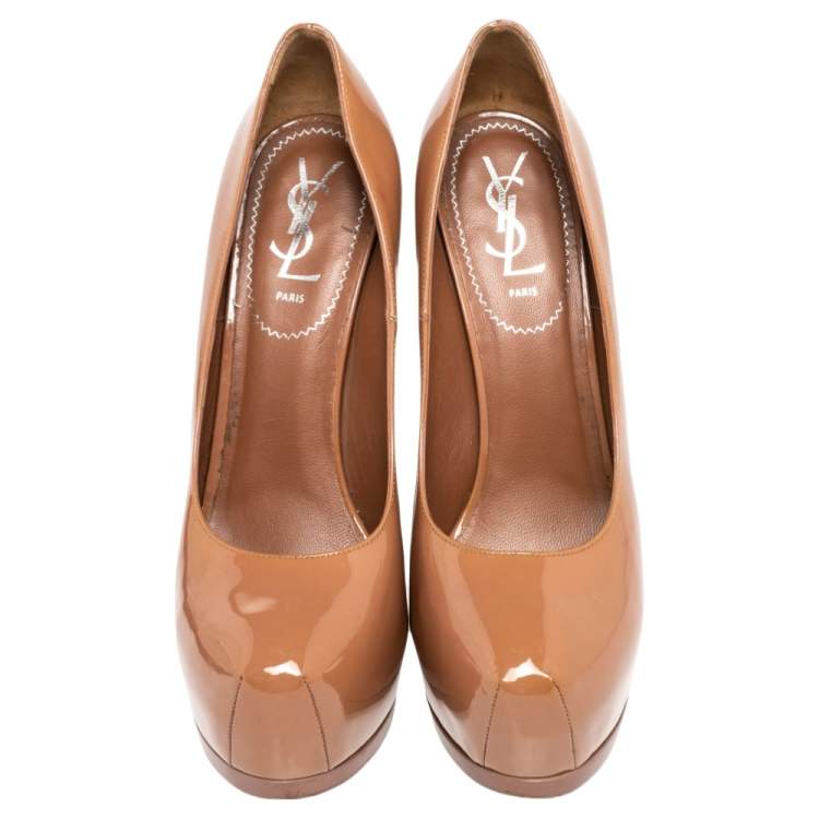 Pre Owned Saint Laurent Caramel Patent Leather Tribtoo Platform Pumps Size 38.5