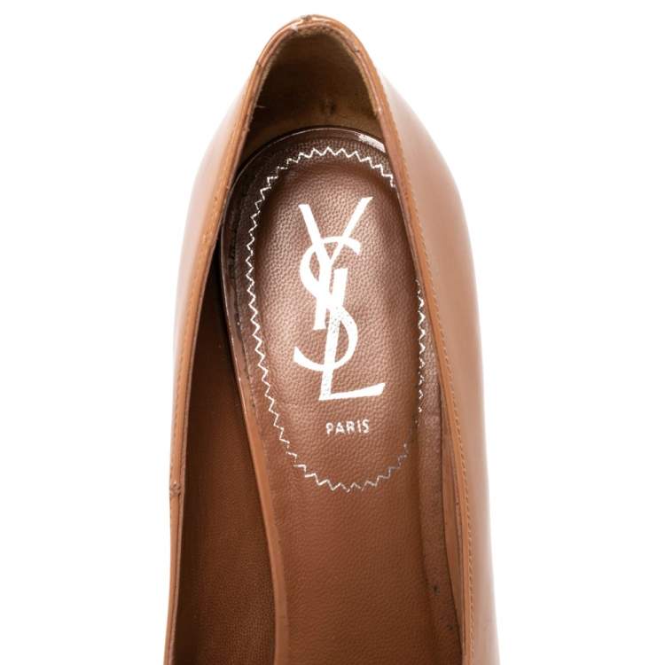 Pre Owned Saint Laurent Caramel Patent Leather Tribtoo Platform Pumps Size 38.5