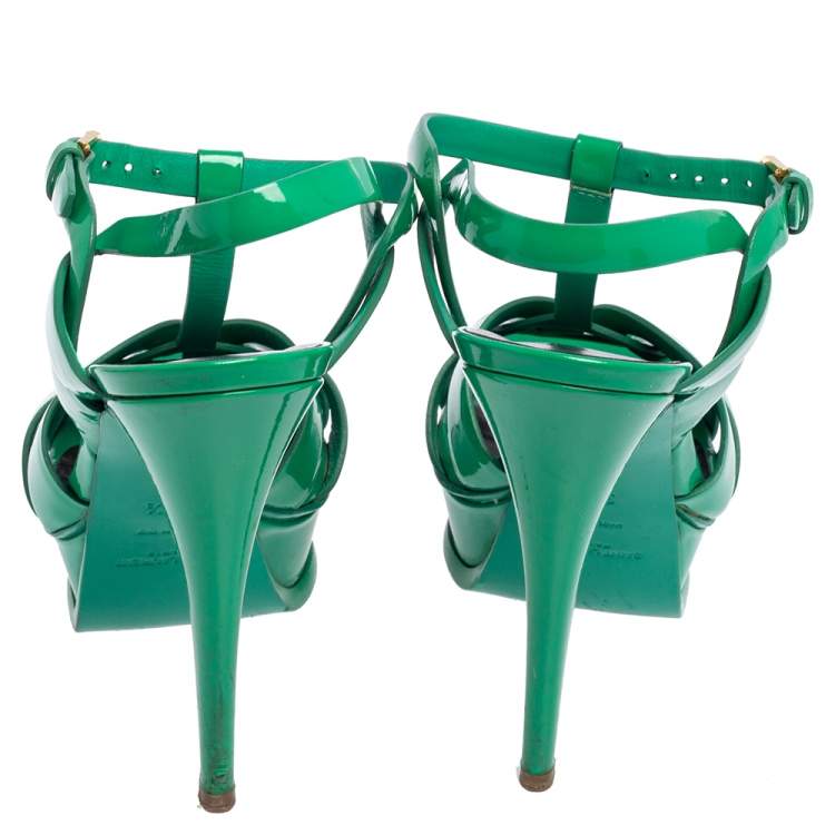 Pre Owned Saint Laurent Green Patent Leather Tribute Platform Ankle Strap Sandals Size 37.5