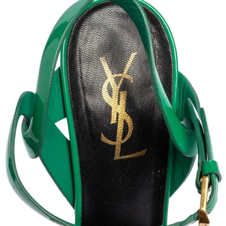 Pre Owned Saint Laurent Green Patent Leather Tribute Platform Ankle Strap Sandals Size 37.5