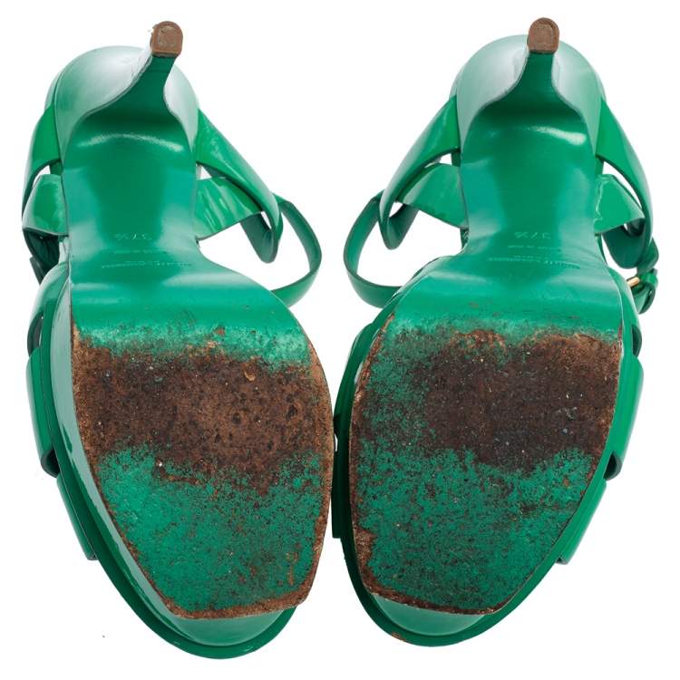 Pre Owned Saint Laurent Green Patent Leather Tribute Platform Ankle Strap Sandals Size 37.5