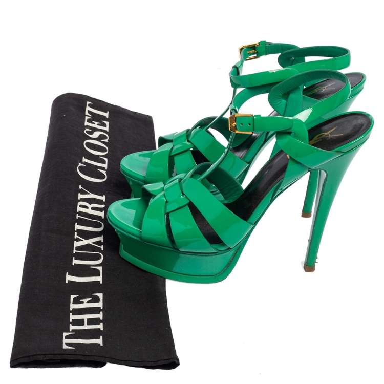 Pre Owned Saint Laurent Green Patent Leather Tribute Platform Ankle Strap Sandals Size 37.5