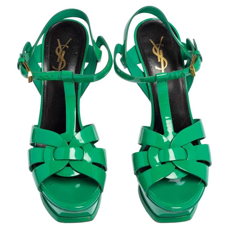 Pre Owned Saint Laurent Green Patent Leather Tribute Platform Ankle Strap Sandals Size 37.5