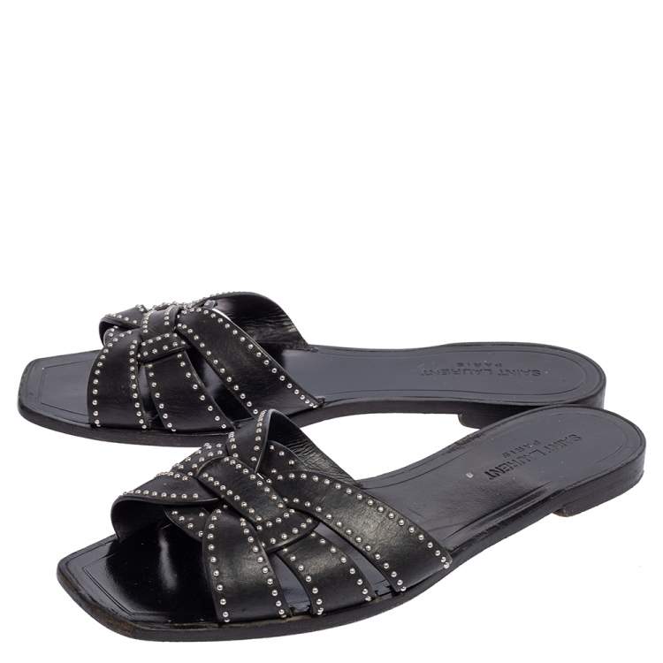 Pre Owned Saint Laurent Black Leather Tribute Flat Slides Size 40