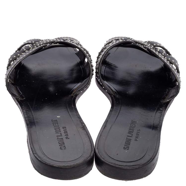 Pre Owned Saint Laurent Black Leather Tribute Flat Slides Size 40