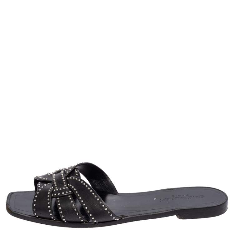 Pre Owned Saint Laurent Black Leather Tribute Flat Slides Size 40