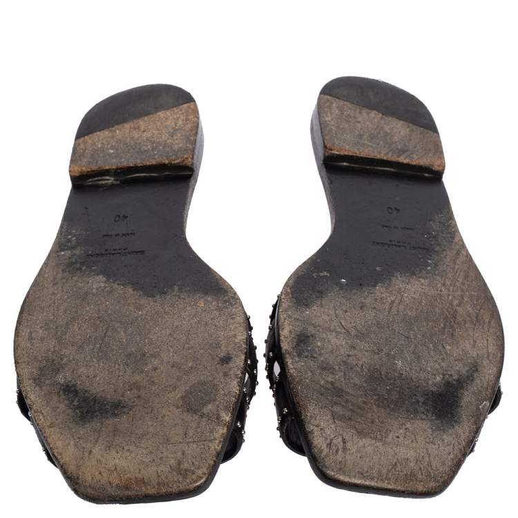 Pre Owned Saint Laurent Black Leather Tribute Flat Slides Size 40
