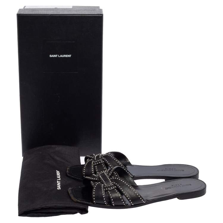 Pre Owned Saint Laurent Black Leather Tribute Flat Slides Size 40