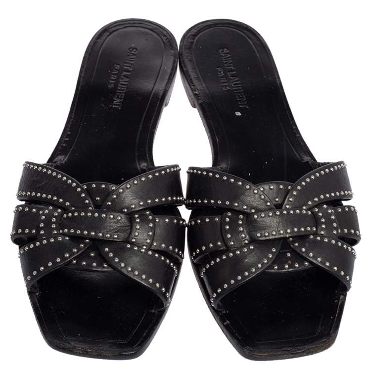 Pre Owned Saint Laurent Black Leather Tribute Flat Slides Size 40