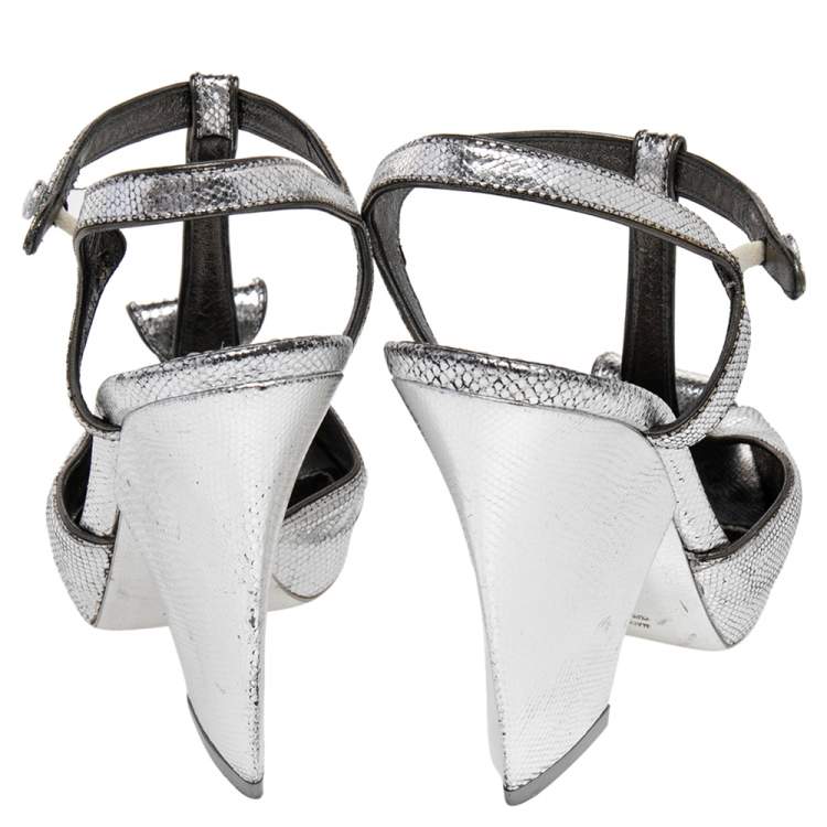 Pre Owned Saint Laurent Paris Silver Embossed Leather T Strap Sandals Size 37