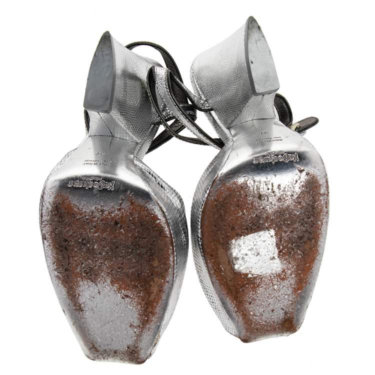 Pre Owned Saint Laurent Paris Silver Embossed Leather T Strap Sandals Size 37