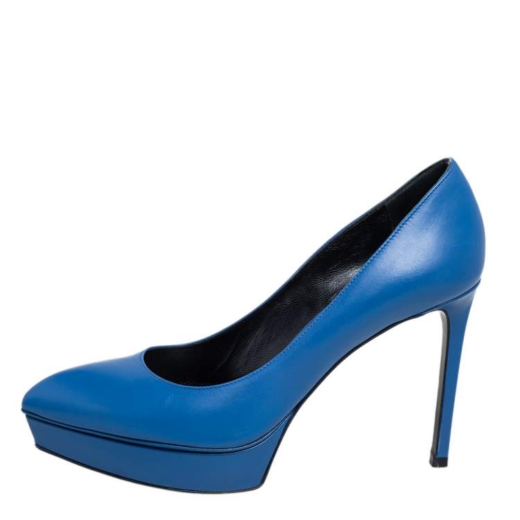 Pre Owned Saint Laurent Blue Leather Janis Pointed Toe Platform Pumps Size 37.5