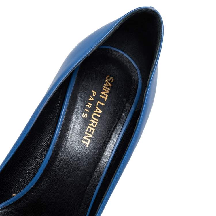 Pre Owned Saint Laurent Blue Leather Janis Pointed Toe Platform Pumps Size 37.5