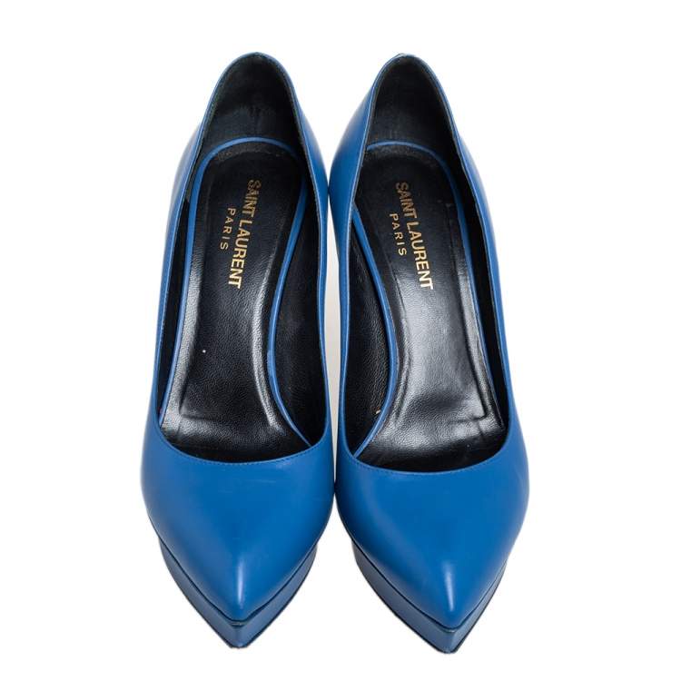 Pre Owned Saint Laurent Blue Leather Janis Pointed Toe Platform Pumps Size 37.5