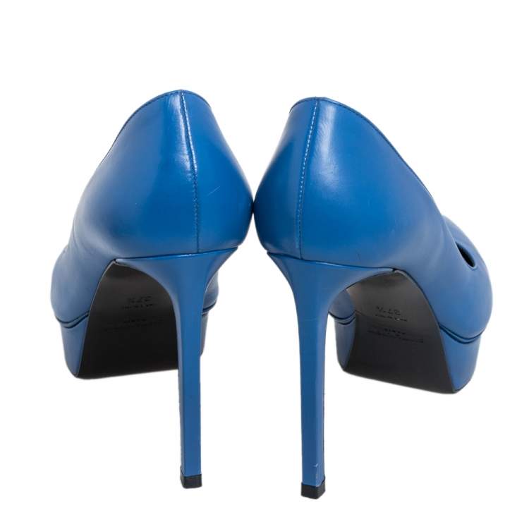 Pre Owned Saint Laurent Blue Leather Janis Pointed Toe Platform Pumps Size 37.5